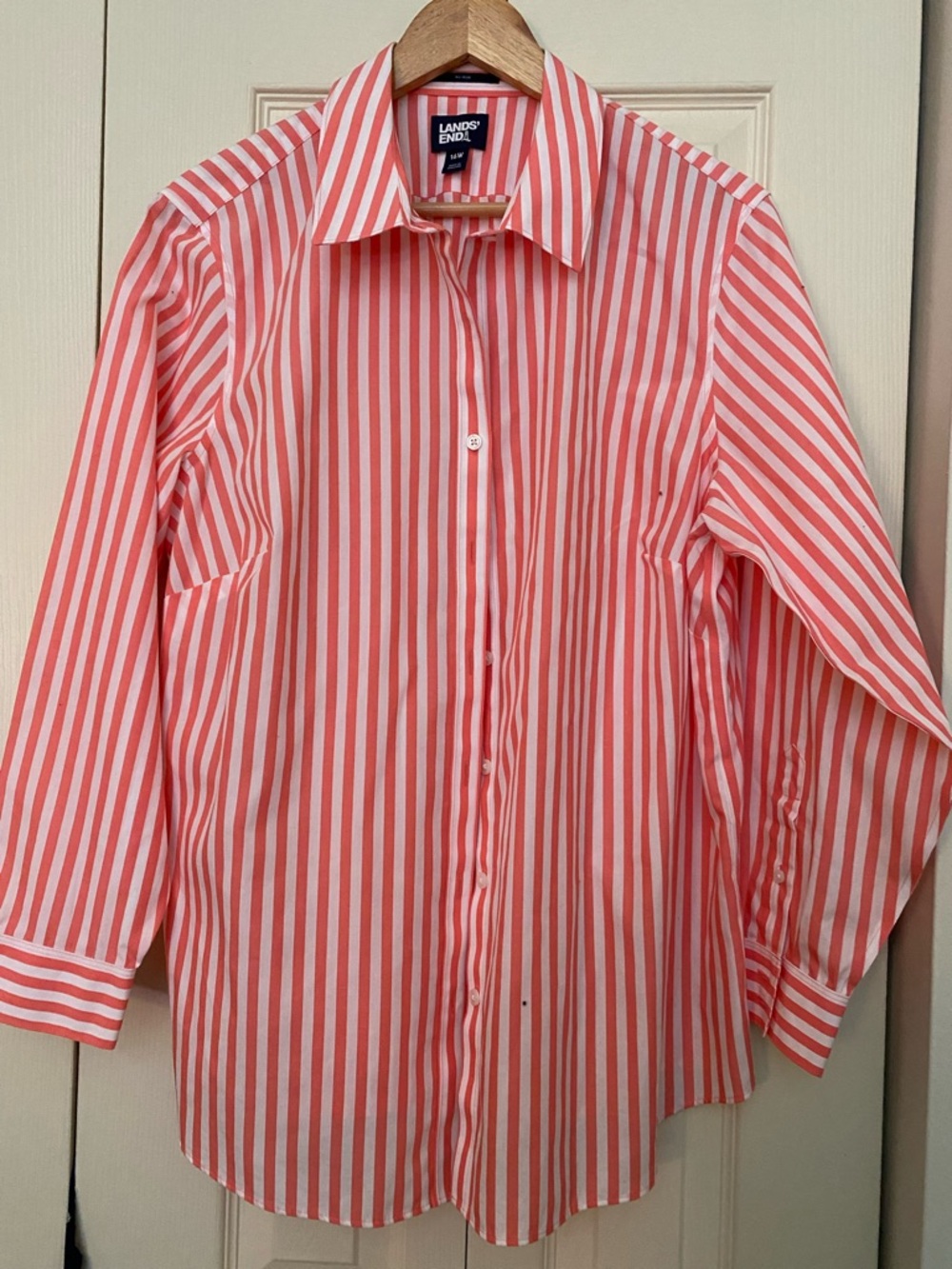 Lands' End Coral and White Vertical Stripe Dress Shirt